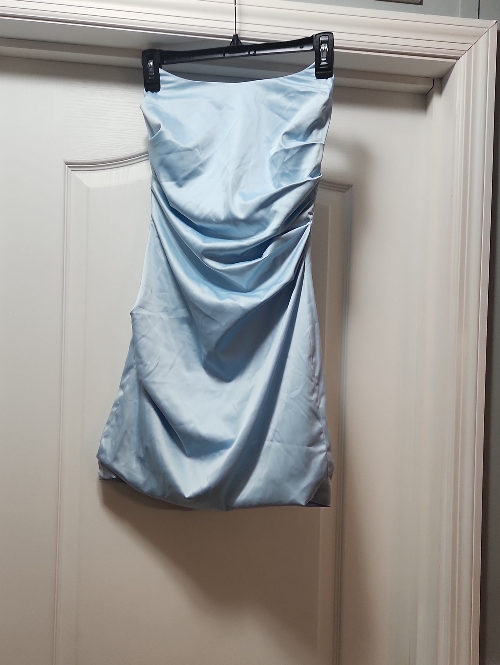 Strapless Satin Ruched Mini Dress — Light Blue